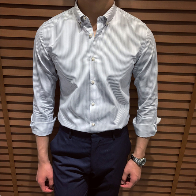 Mr. Lu San men's business slim striped long-sleeved shirt British casual retro shirt Korean version of Japanese trendy men Mr. Lu San men's business slim striped long-sleeved shirt British casual retro shirt Korean version of Japanese trendy men