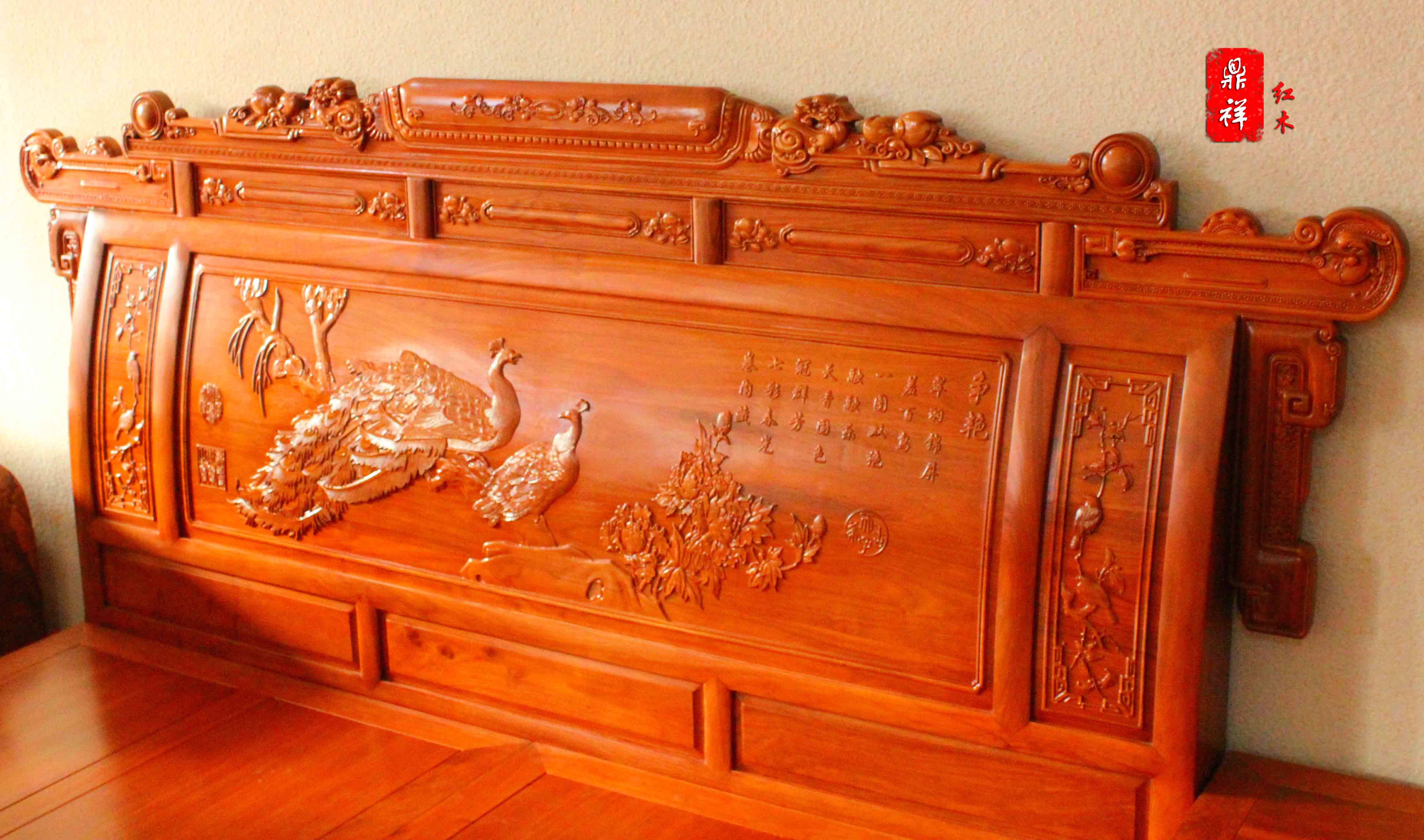东阳鼎祥红木 非洲花梨木檀雕花鸟 财源滚滚 古典红木大床 特价