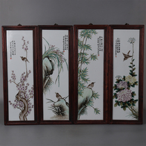 Republic of China Zhushan Eight Friends Liu Yucen made pastel plum bamboo chrysanthemum flowers and birds pattern porcelain plate painting a set of four antique porcelain