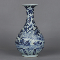 Imitated unearthed Yuan Blue and White Phoenix wearing peony pattern luminous porcelain jade pot Spring bottle antique porcelain collection ornaments