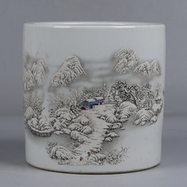 Daqing Guangxu annual model pastel Xishan visit friends Xuejing pen Sea large pen holder antique porcelain old antique