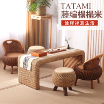 Rattan tea table and chair combination solid wood household small apartment simple balcony tea table Zen floating window low table new Chinese style