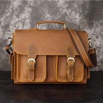 First layer cowhide vintage mens portable briefcase Crazy Horse leather mens bag shoulder crossbody bag Leather handmade messenger bag