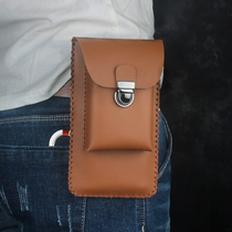 Head Layer Cow Leather Mobile Phone Pocket Men Wearing Leather Strap Vertical phone bag waist hanging bag pure handmade large screen genuine leather mobile phone cover