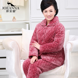 冬季中老年人睡衣女法兰绒三层夹棉加厚套装冬天珊瑚绒中年家居服