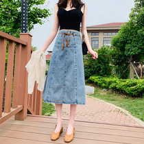 Denim skirt womens 2020 summer new Korean version high waist loose a-line over the knee bag hip mid-length skirt tide