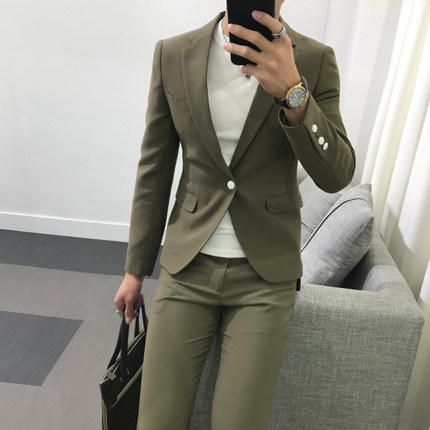 2017韩国春款一粒扣休闲时尚西服男纯色修身小西装两件套装 包邮_8折