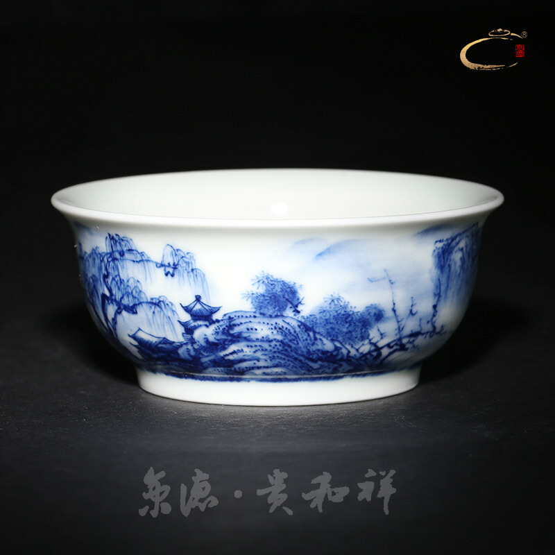 Jingdezhen and auspicious pure manual master cup blue inside and outside color landscape cup cup single CPU hand - made sample tea cup