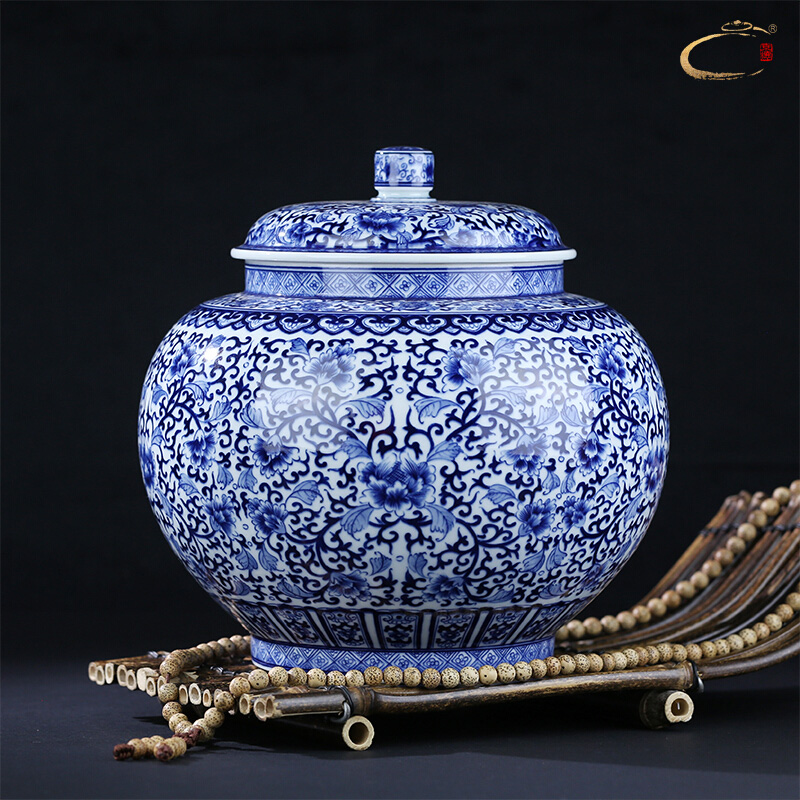 And auspicious caddy fixings pure manual under the glaze color blue storage POTS of household ceramics receives gift collection tank