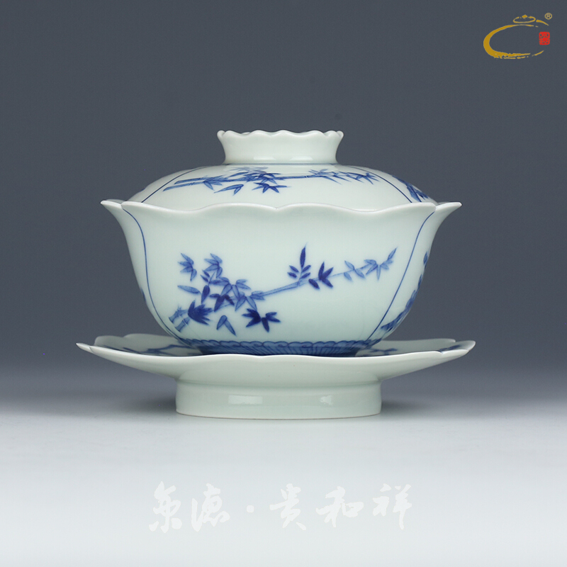 Beijing DE and auspicious tureen tea cup of jingdezhen ceramic tea bowl hand draw three blue and white porcelain bowl