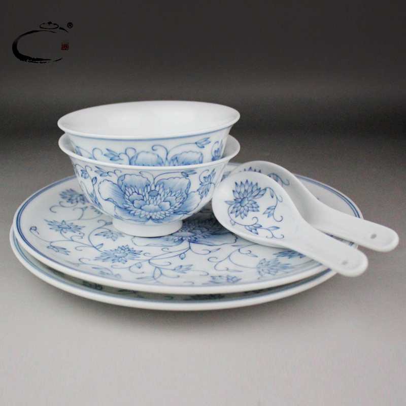 And auspicious cutlery set home dishes of jingdezhen blue And white lotus hand - made ceramic Chinese dishes gift box packaging