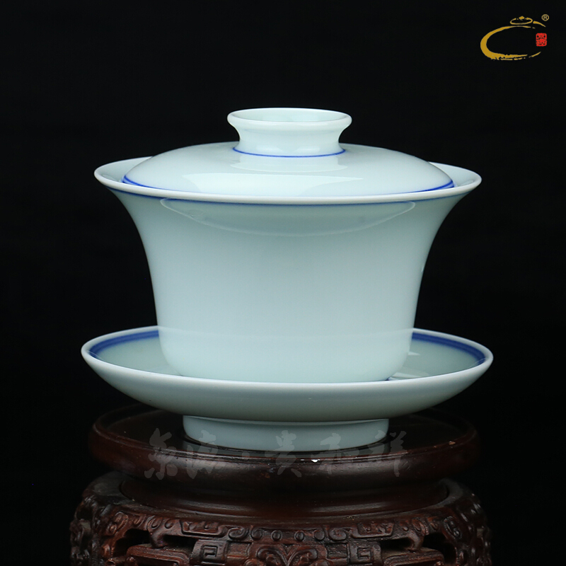 Jing DE auspicious jingdezhen esteeming harmony all hand kung fu tea set gift box set ceramic blue double tureen four groups