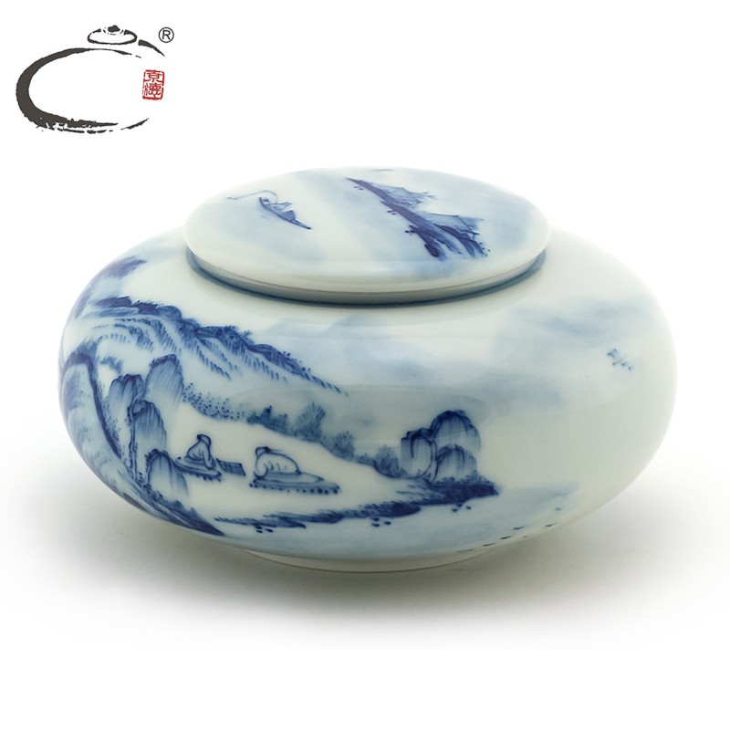 And auspicious jing DE collection jingdezhen blue And white painting landscape caddy fixings hand - made ceramic small seal pot POTS