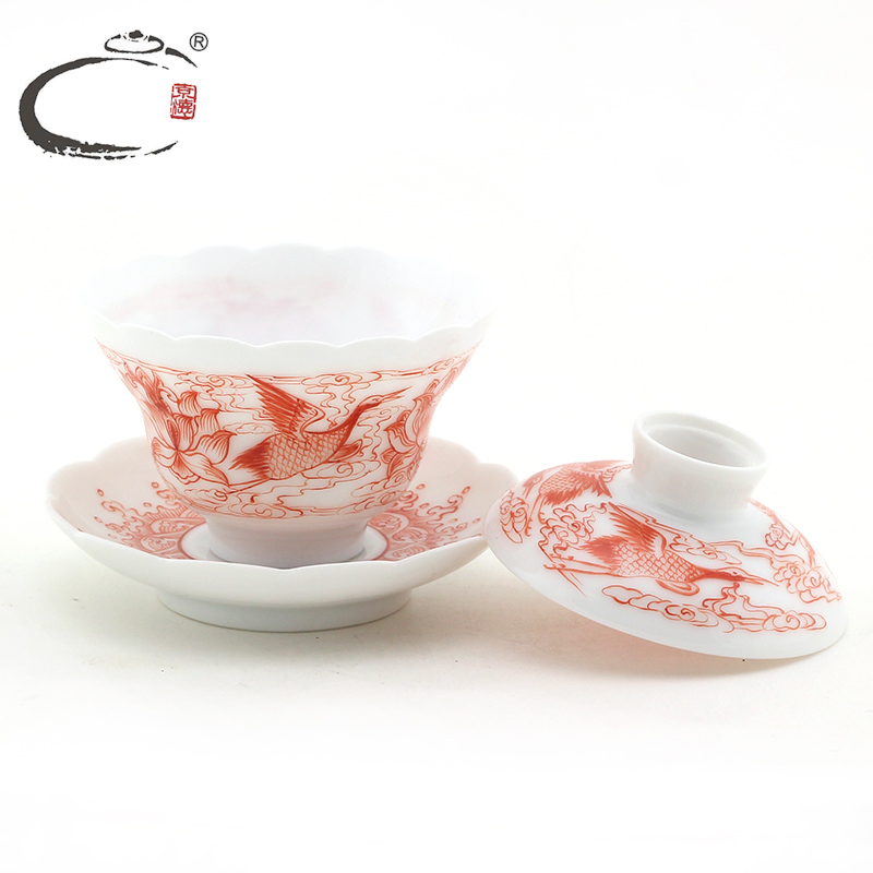 Red tureen tea cups and auspicious alum jingdezhen hand - made ceramic tea set sample tea cup manually pull embryo all three to the bowl