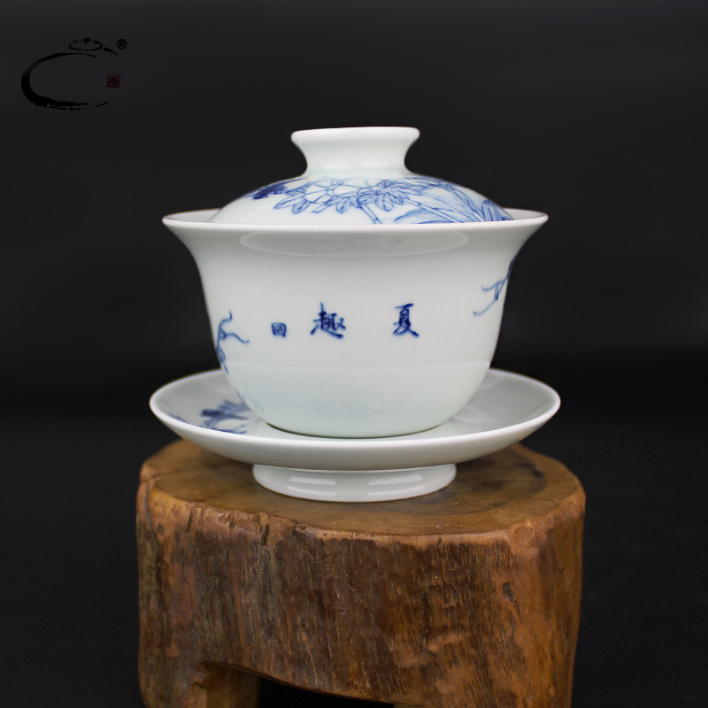 Beijing DE auspicious esteeming harmony manual hand - made tureen jingdezhen blue and white porcelain cups, ceramic kung fu tea tureen three bowls