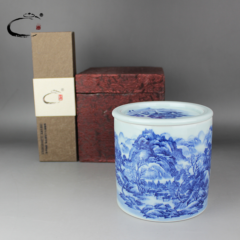 Jingdezhen blue and white landscape and auspicious caddy fixings checking ceramic tea pot of tea packaging ceramic POTS