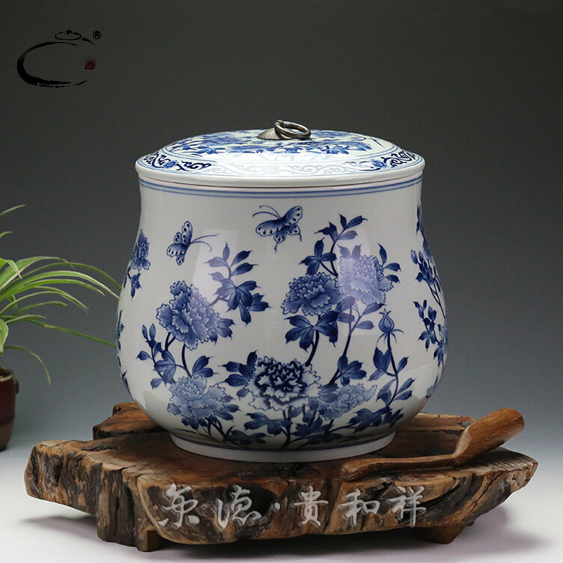 Jing DE and auspicious tea ware jingdezhen checking ceramic POTS awake all loose tea storage POTS of blue and white peony