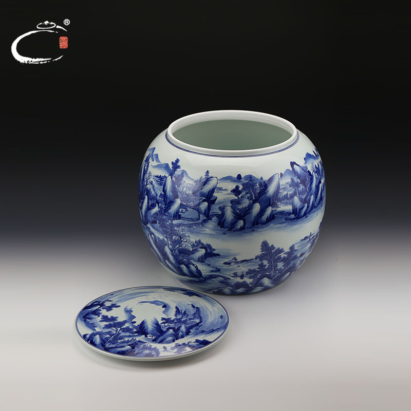 And auspicious kangxi landscape round canister to jingdezhen hand - made ceramic tea pot large tea packing seal pot