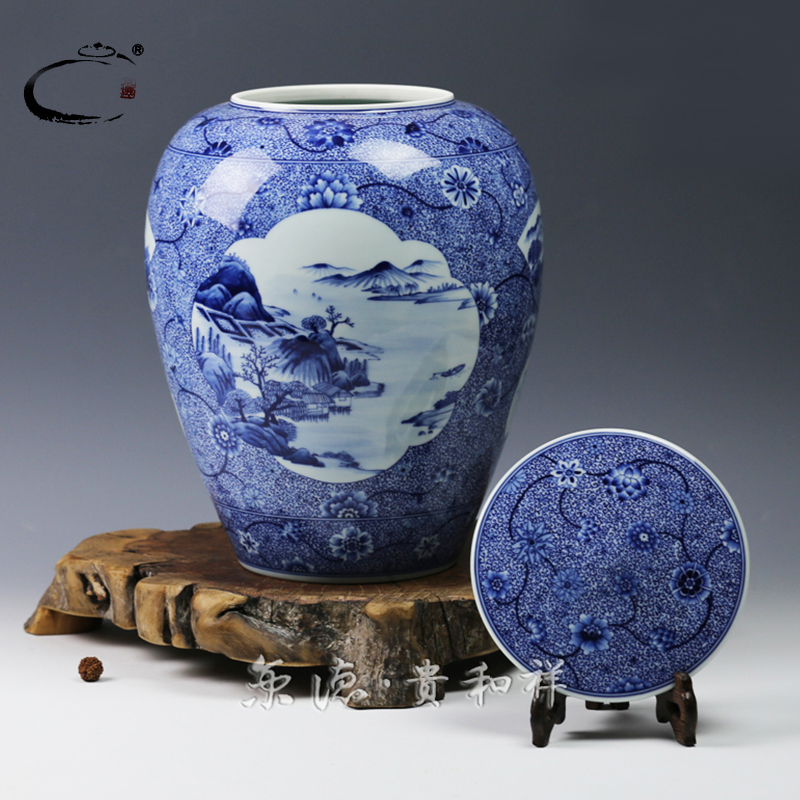 Beijing 's master of jingdezhen blue and white window and auspicious scenery caddy fixings hand - made ceramic wake tea sealed storage tank