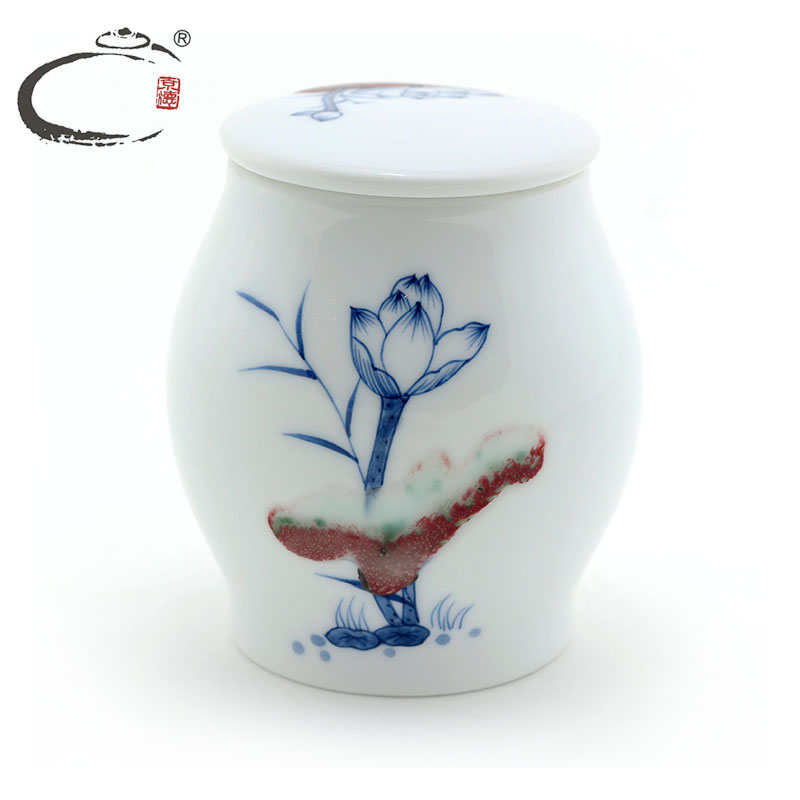 Lotus and auspicious hand - made caddy fixings jingdezhen ceramic portable mini tea packing seal pot