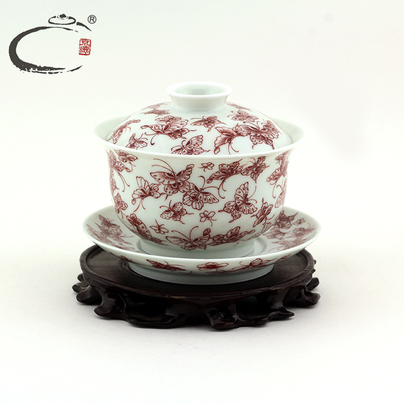 And auspicious youligong butterfly medium bowl set of jingdezhen manual hand - made ceramic gifts kung fu tureen tea cups