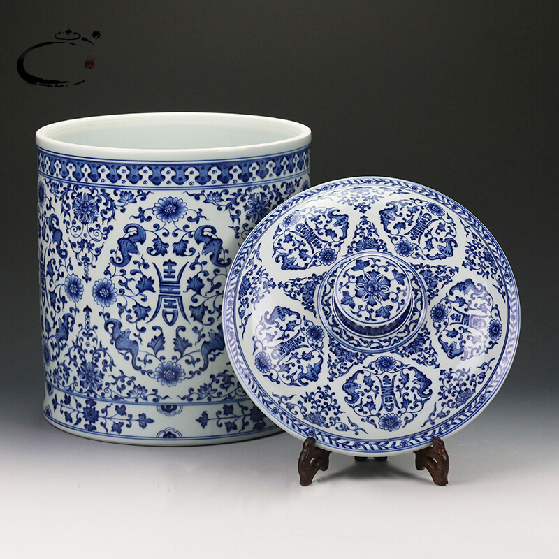 And auspicious caddy fixings jingdezhen ceramics by hand to wake POTS are scattered tea cake receives blue - And - white five long - lived straight POTS