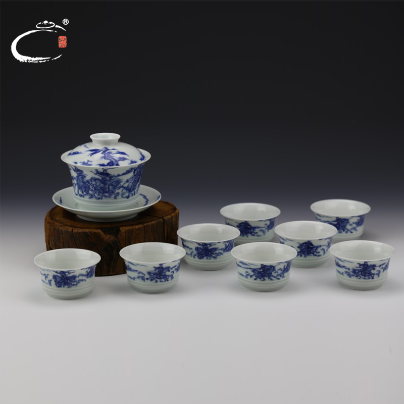 And auspicious jingdezhen blue three British war lyu3 bu4 tureen group hand - made ceramic kung fu tea tureen tea set