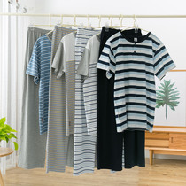 The new boy's pure cotton open flap striped short-sleeved trousers are comfortable with home-based pajamas