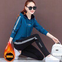 Hong Kong Fall Winter Hat Plus Cashmere Thickened Leisure Suit Female Korean New Loose Wear Sports Two-Piece Set