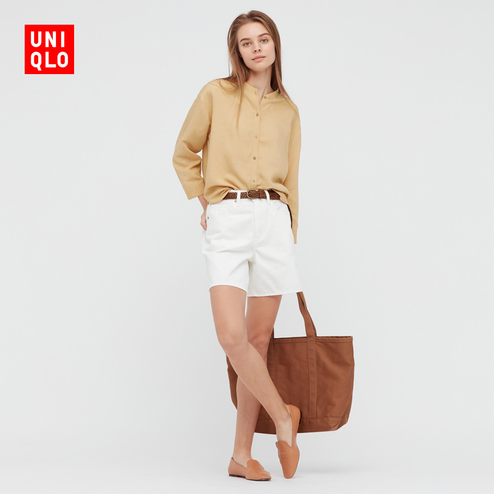 优衣库女装麻混纺立领衬衫七分袖夏季轻薄433627uniqlo