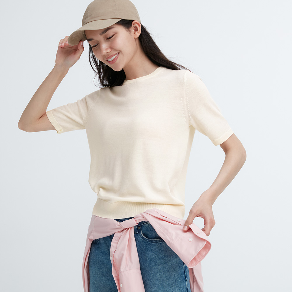 Uniqlo女裝精紡美利奴羊毛圓領針織衫五分短袖通勤可機洗461035-Taobao