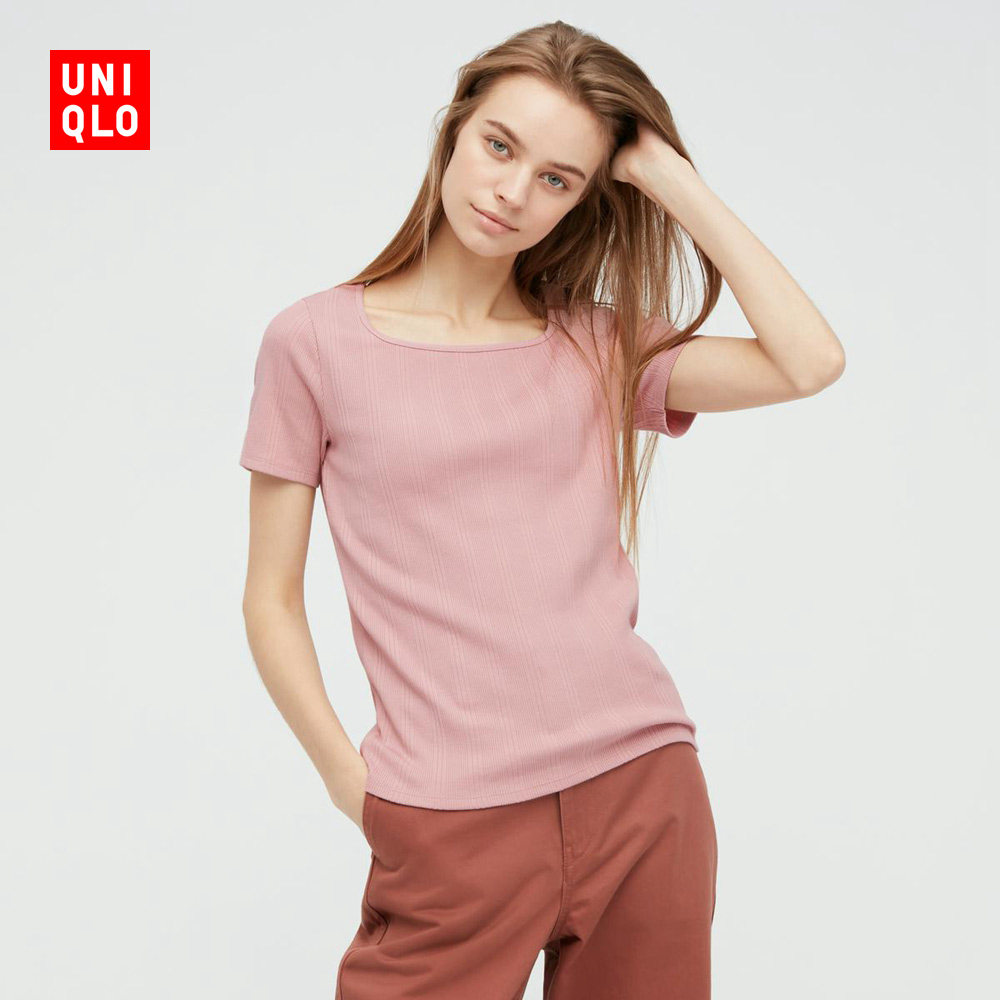 优衣库女装花式罗纹方领t恤短袖437592uniqlo