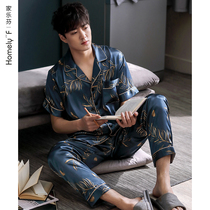 Pajamas mens summer silk Ice Silk short sleeve trousers home clothes mens summer thin silk father suit