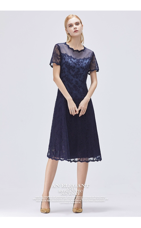 Martinu mùa hè mới retro màu xanh đậm cổ điển váy ngắn tay thêu chữ A dài qua đầu gối - A-Line Váy