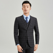 Suit suit mens slim-fit youth casual plaid suit fashion wedding dress Dark gray middle slit set West