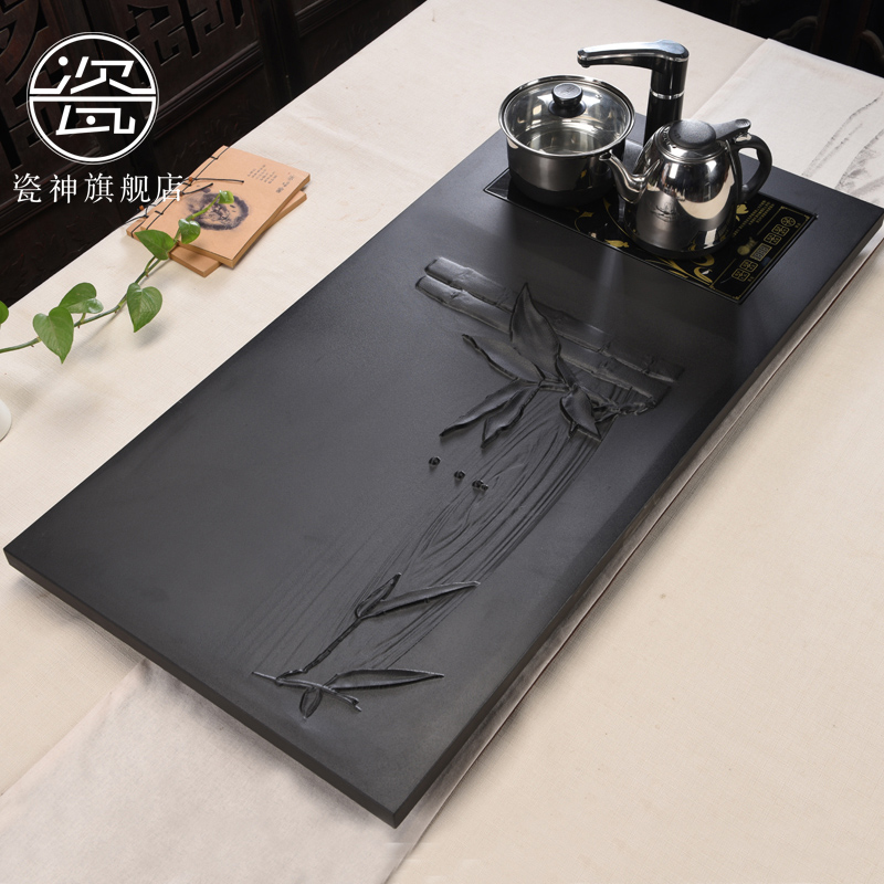 Porcelain god full plate stone sharply induction cooker four unity tea tray was large, black sea tea machine carved stone tea saucer