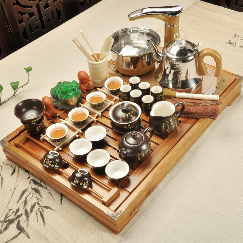 Solid wood from the porcelain god ceramic cups teapot tea set four one automatic tea tea tray