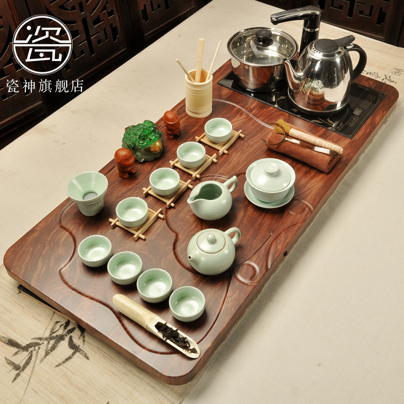 Household porcelain god kung fu tea tea tea sets tea sea ground zero with real wood, bamboo trays induction cooker four unity