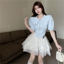 Ocean Gas Minus Age Fashion Suit Women Summer Sweetness Doll Collar Shirt High Waist Mesh Yarn A Character Fluffy Dress Two Sets