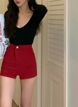 High waist display slim hot pants female and American hot girl bag hip shorts summer ins tide 100 lap pants red jeans red jeans