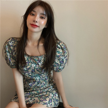 Retro crumbled floral square collar dress Dress Woman Little Sub foam Blister Short Skirt Summer Closedown Display Slim hot girl Hip Skirt