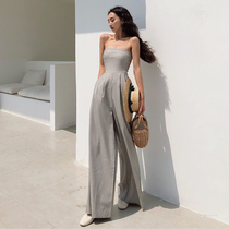 Fashion new womens retro temperament high waist thin bandeau jumpsuit Loose casual solid color wide leg pants trousers