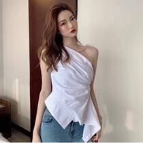 Autumn New irregular white shirt careful machine open collarbone sleeveless shoulder waist ruffle top womens clothing