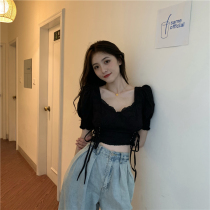 Small sub drawing rope shorts shirt with women in summer bubble sleeves blouses 2022 new French style small crowdmaking shirt