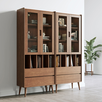 Brief Nordic full solid wood glass bookcase shelves Japanese Standing Cabinets Deep Walnuts Bookcase Portfolio Bookcase Floor Bookshelves