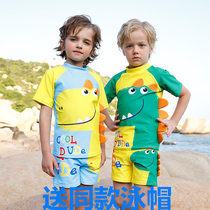 Childrens swimsuit little dinosaur cartoon boy sunscreen split one-piece quick-drying short-sleeved shorts Childrens middle and large childrens suit