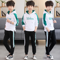 Childrens clothing boys spring and autumn suits 2018 new middle and large childrens fashion casual hooded two-piece set 13-15 years old