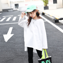 Girls T-shirt autumn 2021 new childrens middle and big children Foreign style long sleeve coat spring and autumn Korean version of long white T