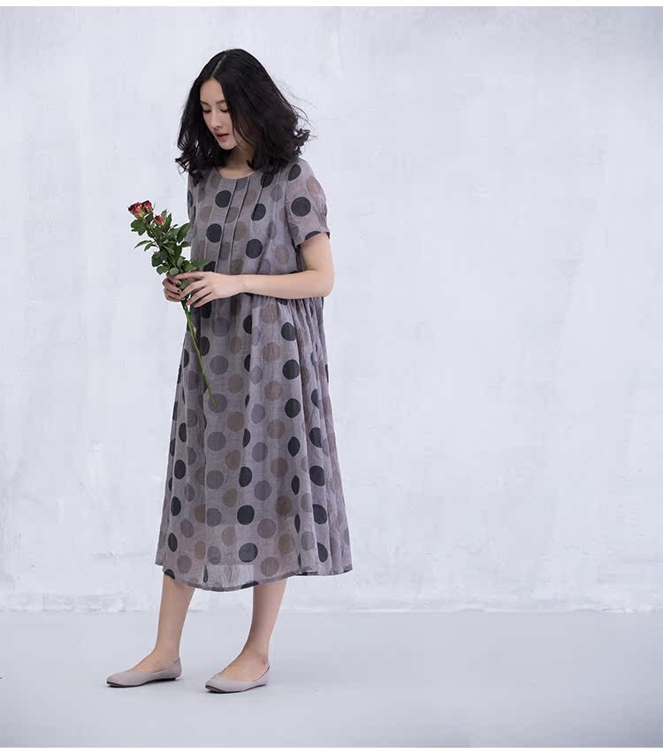 闲然2017春夏新品女装 文艺波点中长裙宽松大