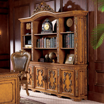 Xis furniture European-style solid wood four-door bookcase American Countryside Sculpture Flower Vintage Bookcase Display Cabinet Decorated Cabinet